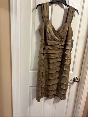 London Times Metallic Olive Tiered Ruffle Midi Dress